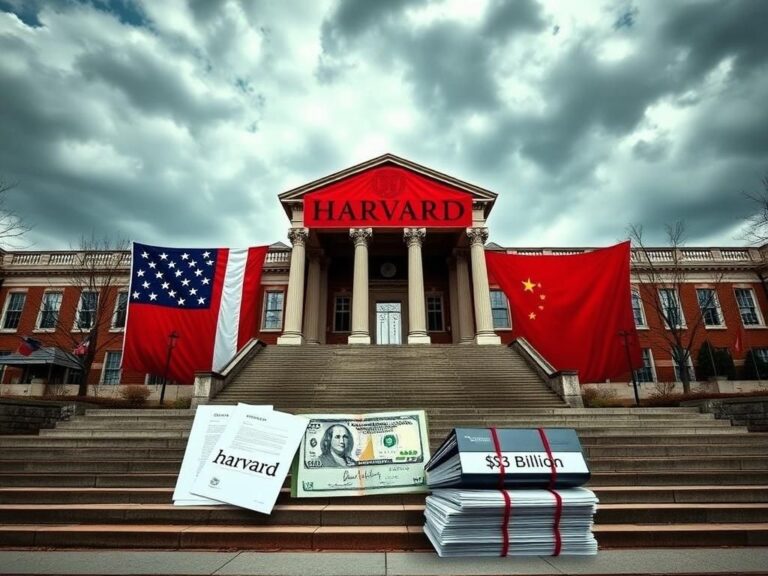 Flick International Iconic steps of Harvard University with a large American flag and legal documents symbolizing student admissions controversy