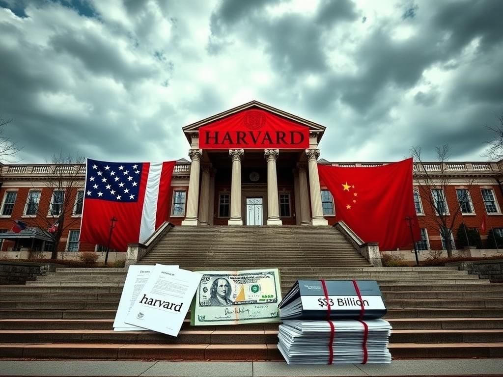 Flick International Iconic steps of Harvard University with a large American flag and legal documents symbolizing student admissions controversy