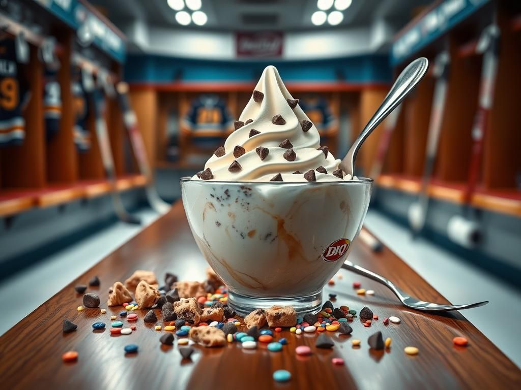 Flick International Elegant Dairy Queen Blizzard in a glass bowl on a locker room bench