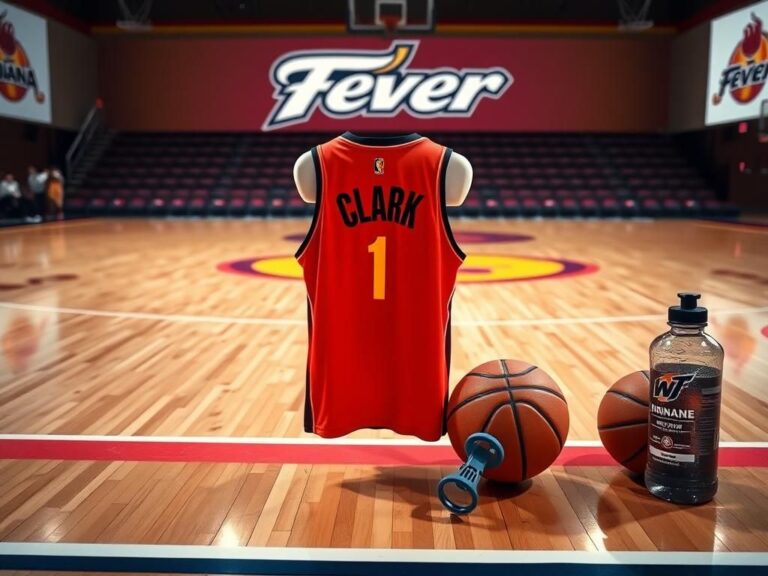Flick International Close-up of a basketball court featuring an empty bench with a jersey labeled 'Clark' symbolizing absence