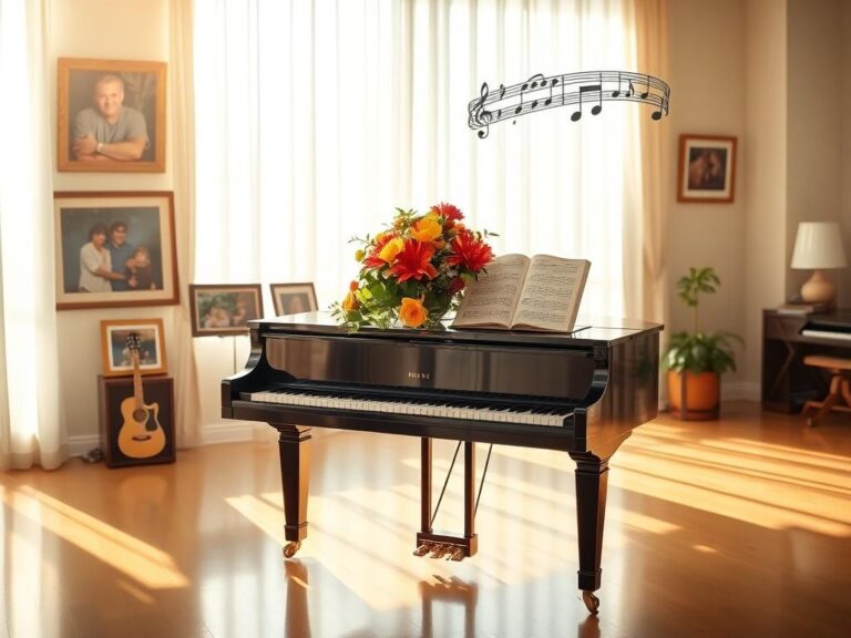 Flick International A serene scene with a grand piano in a sunlit room, surrounded by family photographs and vibrant flowers.