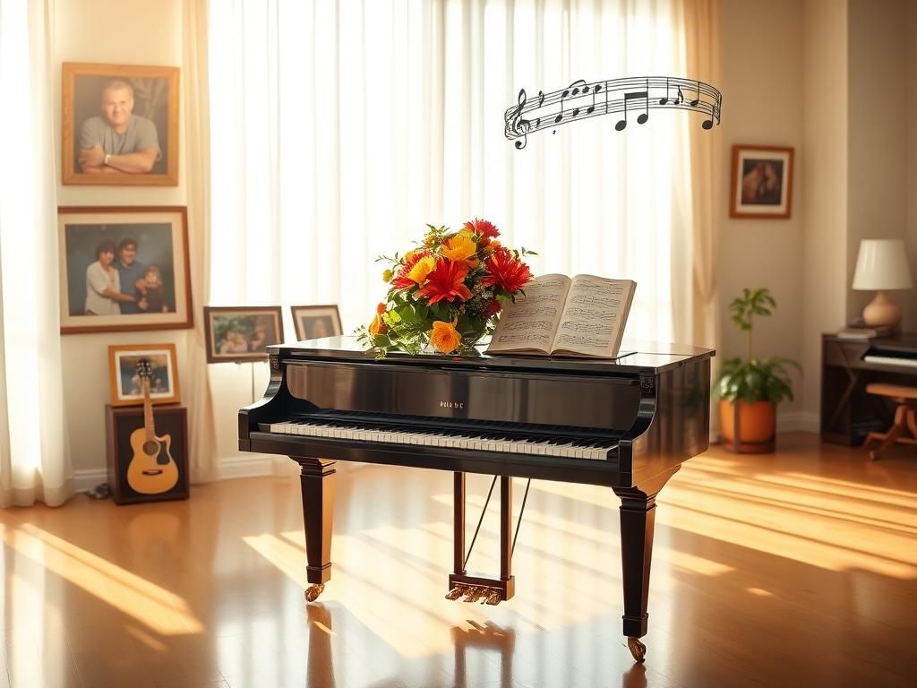 Flick International A serene scene with a grand piano in a sunlit room, surrounded by family photographs and vibrant flowers.