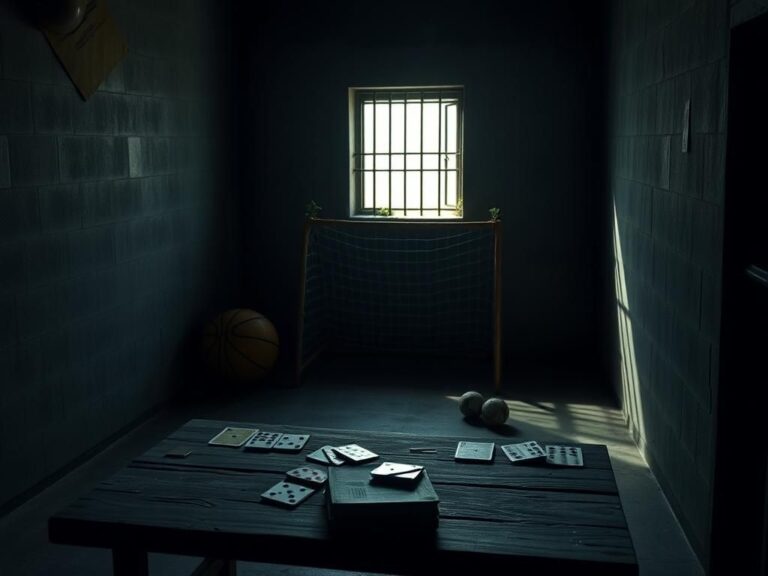 Flick International A dimly lit correctional facility cell with playing cards and basketball equipment
