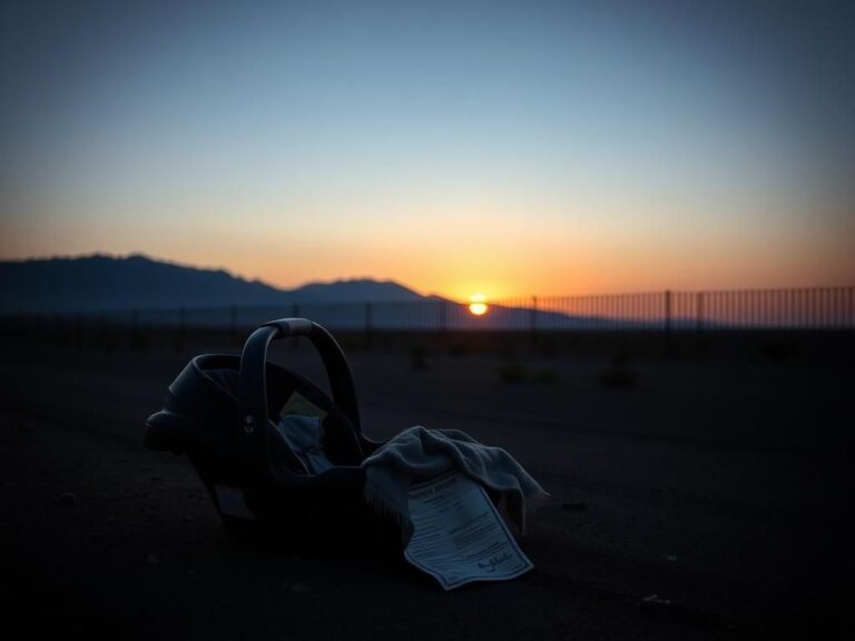 Flick International Abandoned child's car seat with a tattered blanket near the Southern U.S. border at dusk