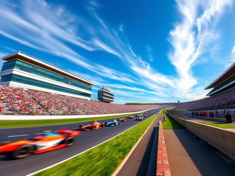 Flick International Panoramic view of the Indianapolis Motor Speedway during the Indy 500 race with colorful race cars in motion