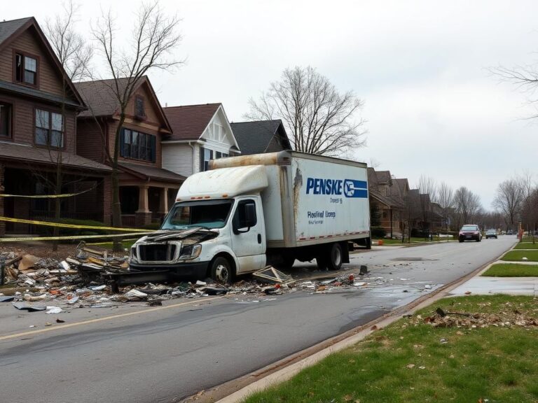 Flick International Damaged Penske box truck from explosion in suburban Chicago
