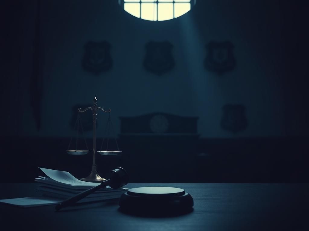 Flick International Dimly lit courtroom with gavel and legal documents symbolizing judicial proceedings