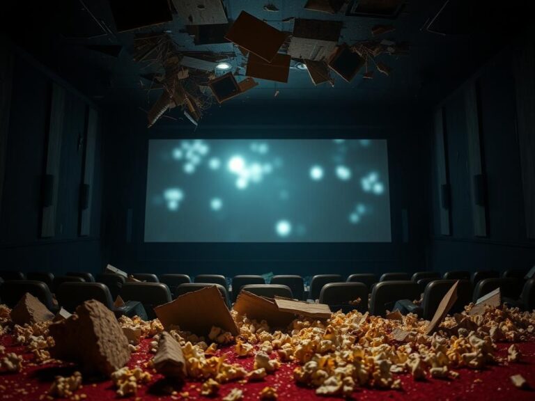 Flick International A movie theater interior with a partially collapsed ceiling and scattered debris after a roof failure during a screening