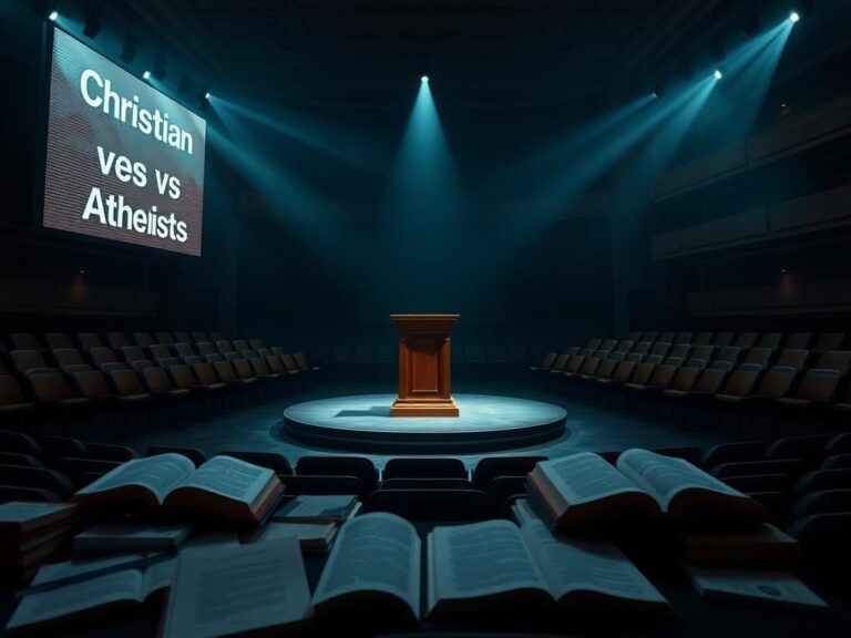 Flick International A dramatic debate scene in a grand, empty auditorium with a spotlight on an ornate wooden podium