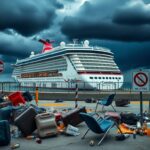 Flick International Chaotic scene at Galveston Carnival Cruise terminal with scattered luggage and overturned chairs