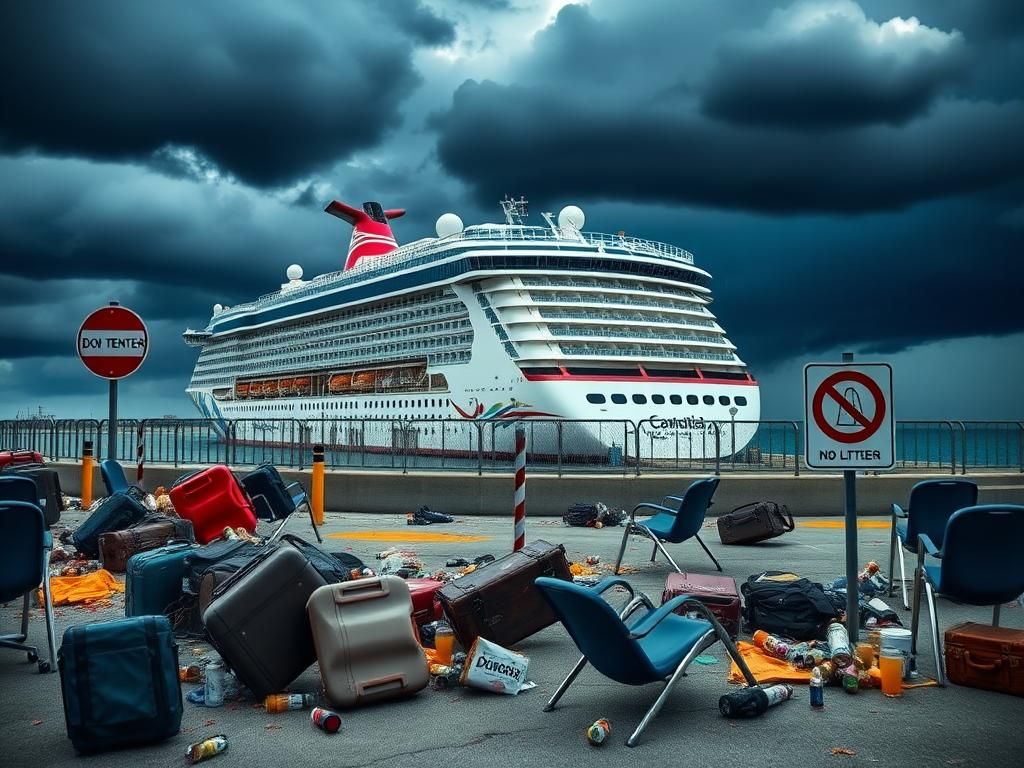 Flick International Chaotic scene at Galveston Carnival Cruise terminal with scattered luggage and overturned chairs