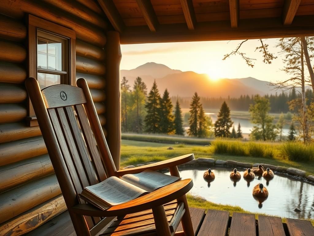 Flick International A rustic wooden cabin with a rocking chair and an open Bible, symbolizing faith and contemplation