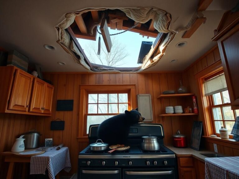 Flick International A black bear crashing through the ceiling onto a vintage stove in a cozy Kentucky kitchen