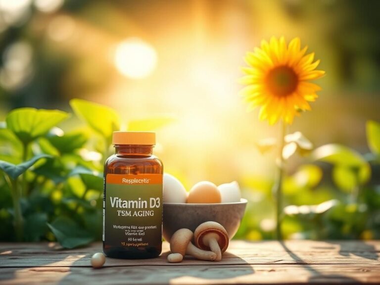 Flick International A vibrant garden scene with vitamin D supplements next to vitamin-rich foods.
