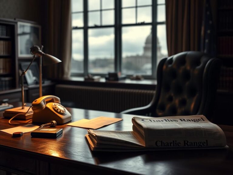 Flick International A somber, dimly lit office with an empty desk, vintage rotary phone, and an American flag, depicting the legacy of Rep. Charlie Rangel.