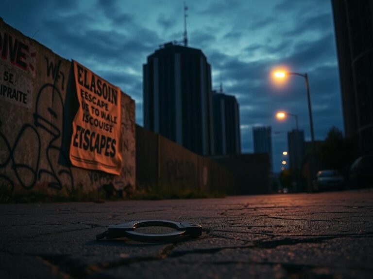 Flick International Abandoned urban landscape in Baton Rouge depicting a crumbling wall with a faded prison escape poster and rusty handcuffs