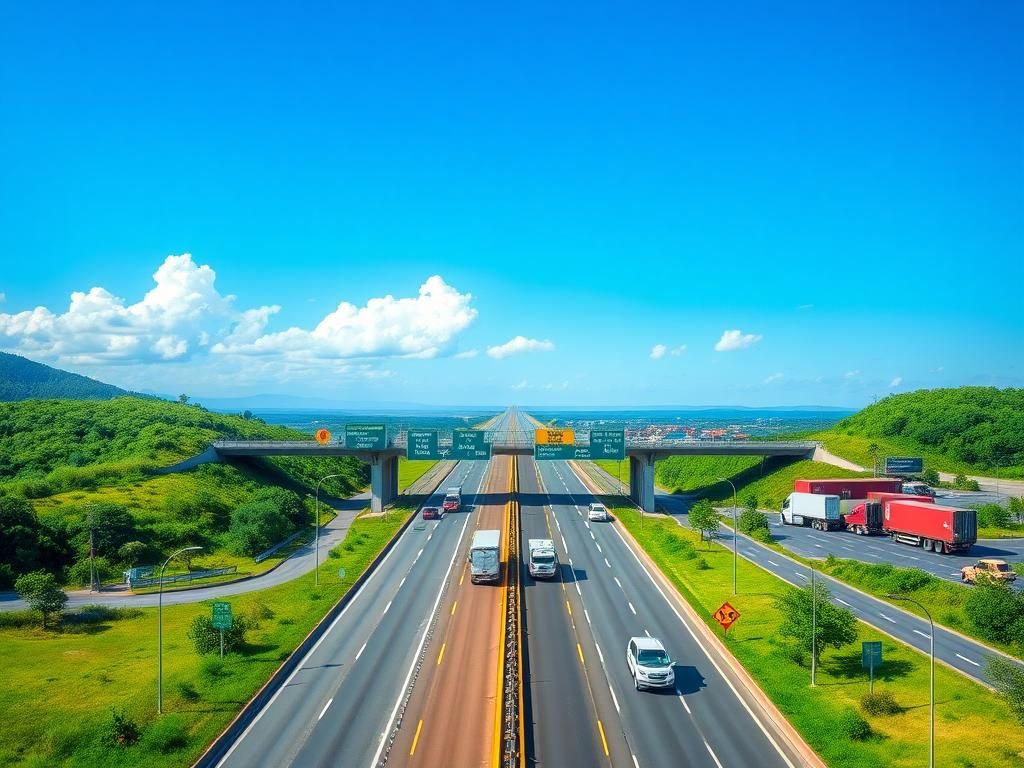 Flick International A modern international bridge connecting the United States and Mexico, surrounded by lush green landscapes.