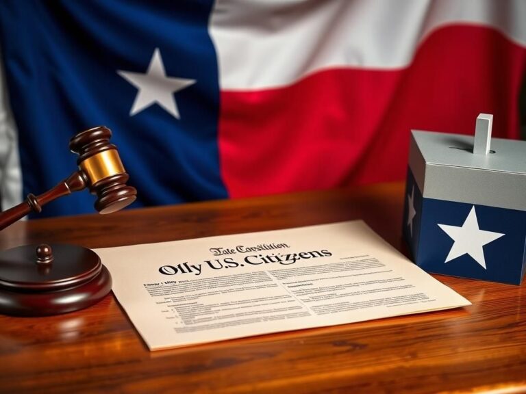 Flick International Close-up of Texas state constitution document with U.S. flag and symbolic elements highlighting voting rights