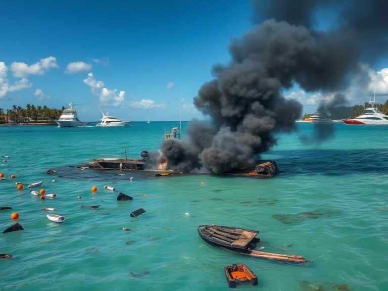 Flick International Aerial view of a chaotic water scene in Fort Lauderdale showcasing a partially submerged vessel after a boat explosion