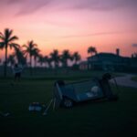 Flick International Overturned golf cart on a twilight-lit golf course suggesting a recent accident