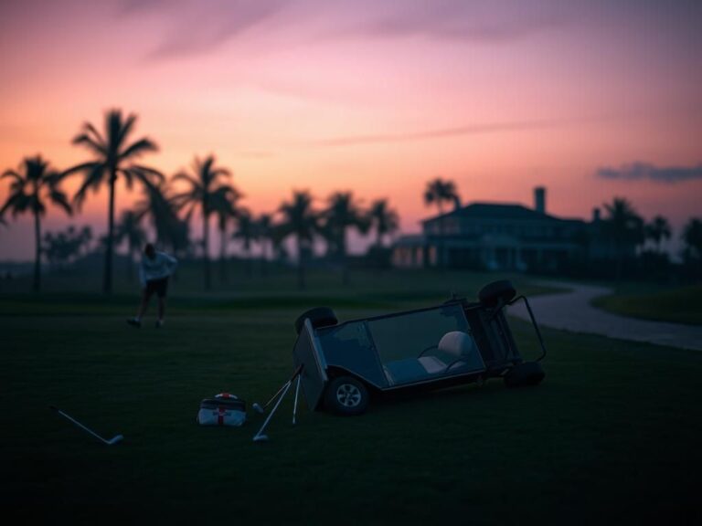 Flick International Overturned golf cart on a twilight-lit golf course suggesting a recent accident