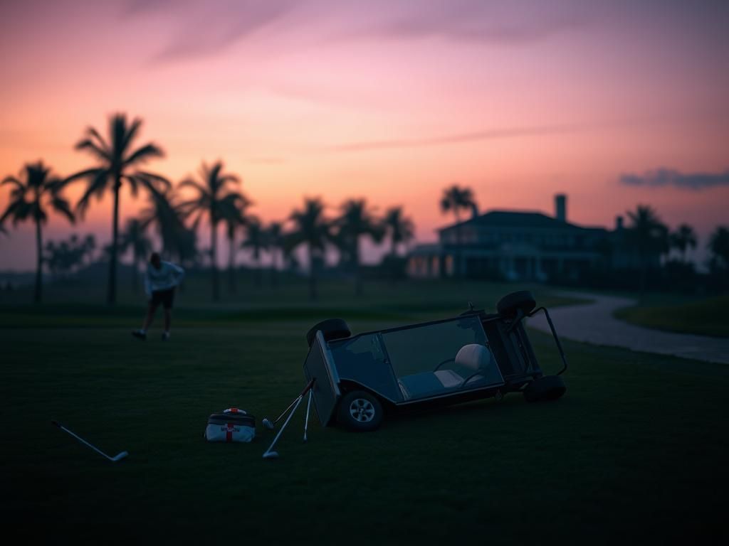 Flick International Overturned golf cart on a twilight-lit golf course suggesting a recent accident