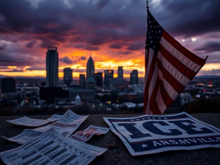Flick International A dramatic view of Nashville's skyline at dusk with the AT&T Building and an American flag in the foreground.