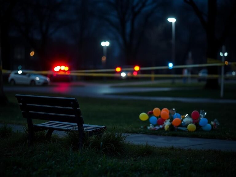 Flick International Dimly lit scene at Fairmont Park after Memorial Day mass shooting, featuring empty park bench and memorial items.