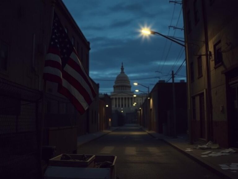Flick International A deserted street at dusk with a faded American flag and barbed wire symbolizing Memorial Day