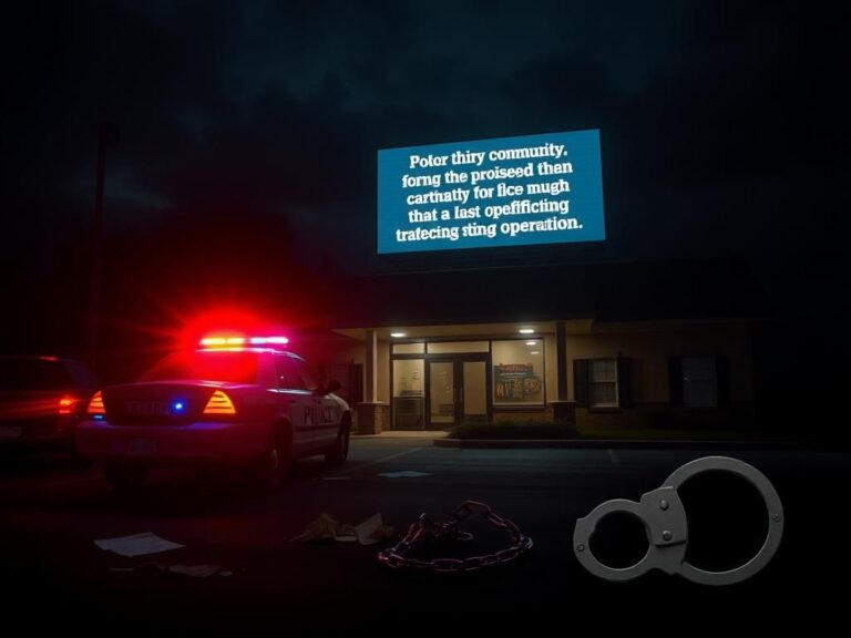 Flick International Police cruiser with flashing lights outside a dimly lit police station during a sting operation
