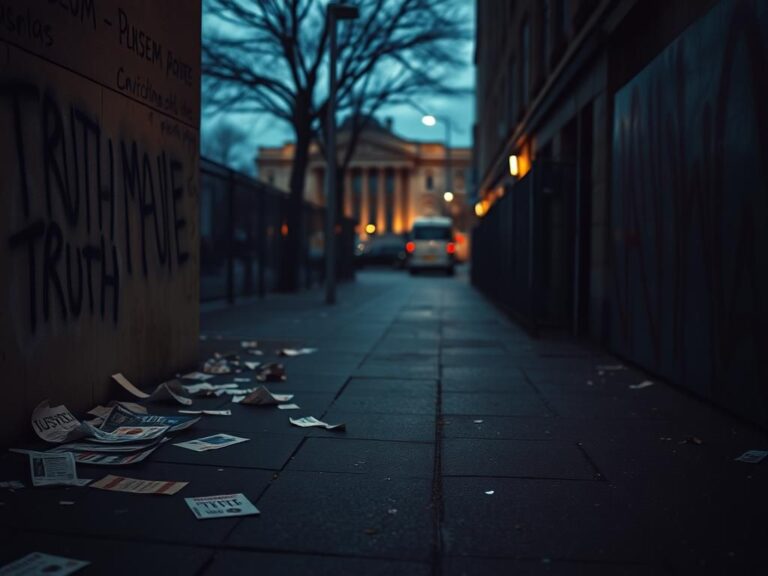 Flick International Dimly-lit urban street scene at dusk showcasing protest signs and graffiti related to societal unrest.