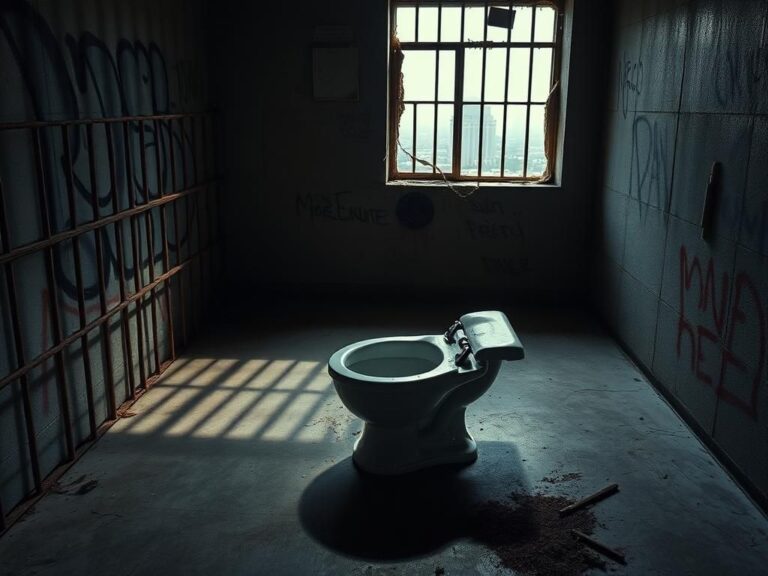 Flick International Dimly lit jail cell with torn toilet and rusty bars symbolizing neglect and escape