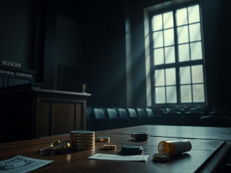 Flick International A courtroom scene depicting tension with wooden jury box and attorney's table