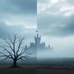 Flick International A melancholic landscape with a grand isolated castle shrouded in mist and a barren tree symbolizing royal estrangement.
