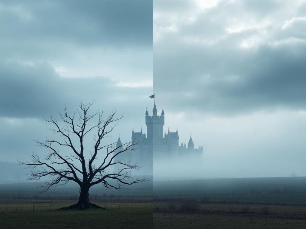 Flick International A melancholic landscape with a grand isolated castle shrouded in mist and a barren tree symbolizing royal estrangement.