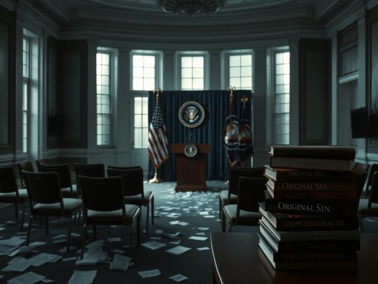 Flick International Dimly lit White House press briefing room with empty chairs and a tilted podium microphone
