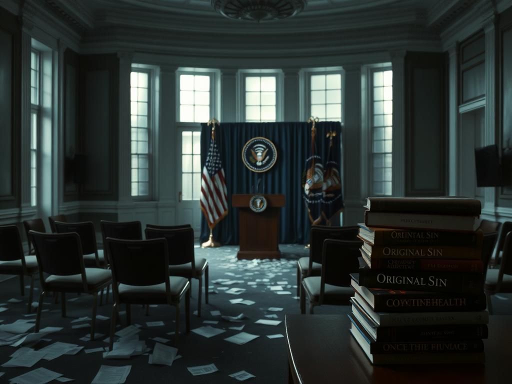 Flick International Dimly lit White House press briefing room with empty chairs and a tilted podium microphone