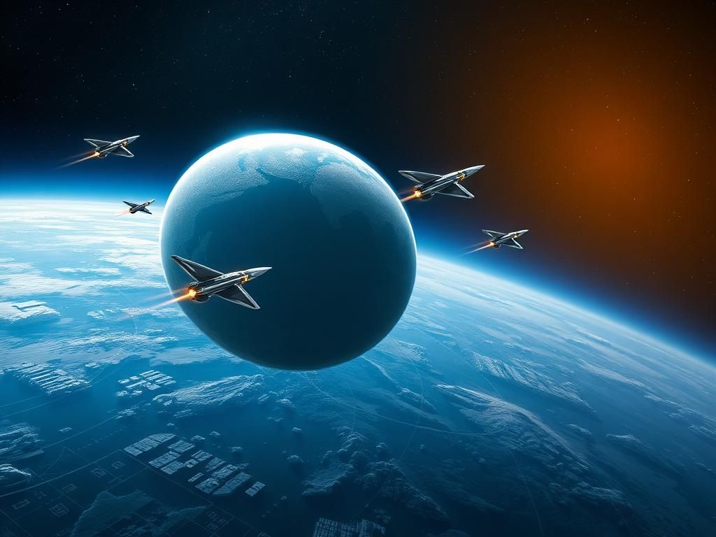 Flick International Futuristic landscape of Earth from space with advanced satellites and interceptors