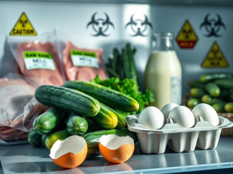 Flick International A selection of deli meats, cucumbers, eggs, and raw milk in a refrigerator with warning labels.