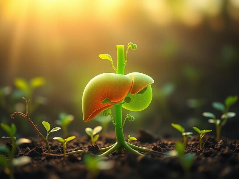 Flick International Abstract representation of a healthy liver depicted as a vibrant green plant in a serene garden