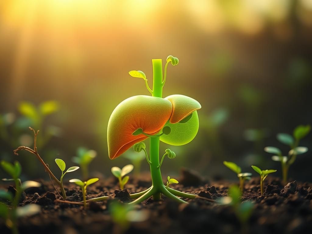 Flick International Abstract representation of a healthy liver depicted as a vibrant green plant in a serene garden