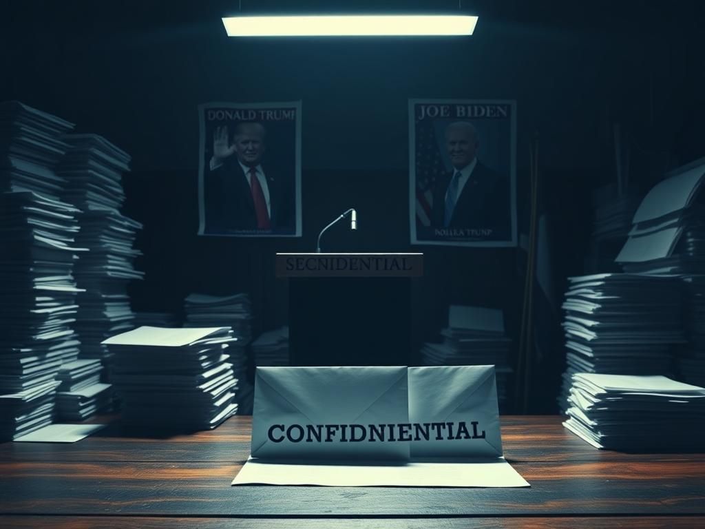 Flick International Dimly lit room filled with medical files and unopened envelopes marked CONFIDENTIAL, symbolizing secrecy in political health records