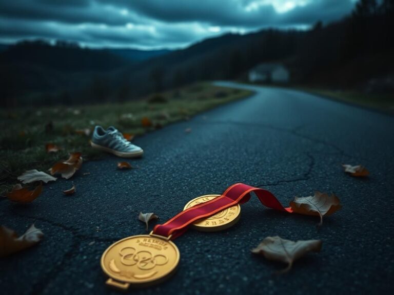 Flick International A solemn landscape depicting a quiet road in West Virginia with an abandoned pair of gymnastic shoes and a faded Olympic medal.