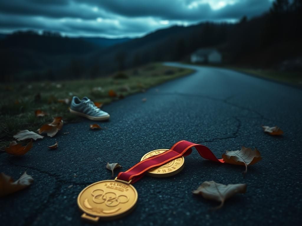 Flick International A solemn landscape depicting a quiet road in West Virginia with an abandoned pair of gymnastic shoes and a faded Olympic medal.