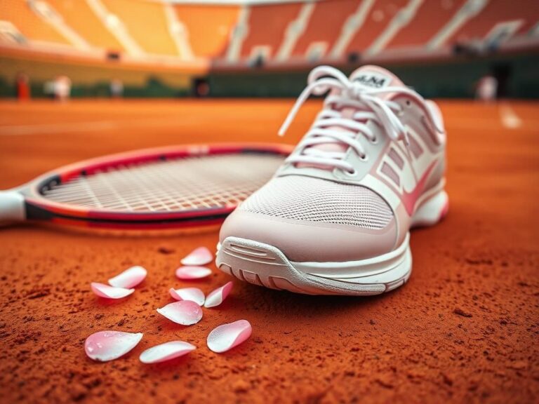 Flick International Close-up of cherry blossom-themed tennis shoes beside a tennis racket on a clay court
