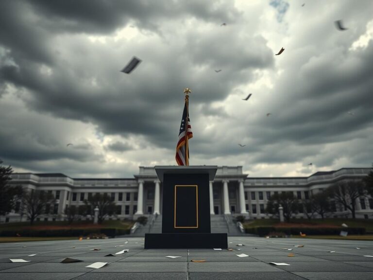 Flick International Dramatic scene of West Point campus under a cloudy sky with an empty podium