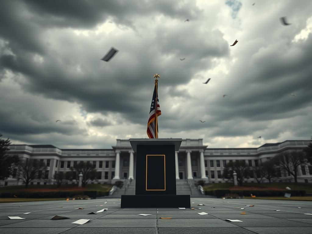 Flick International Dramatic scene of West Point campus under a cloudy sky with an empty podium