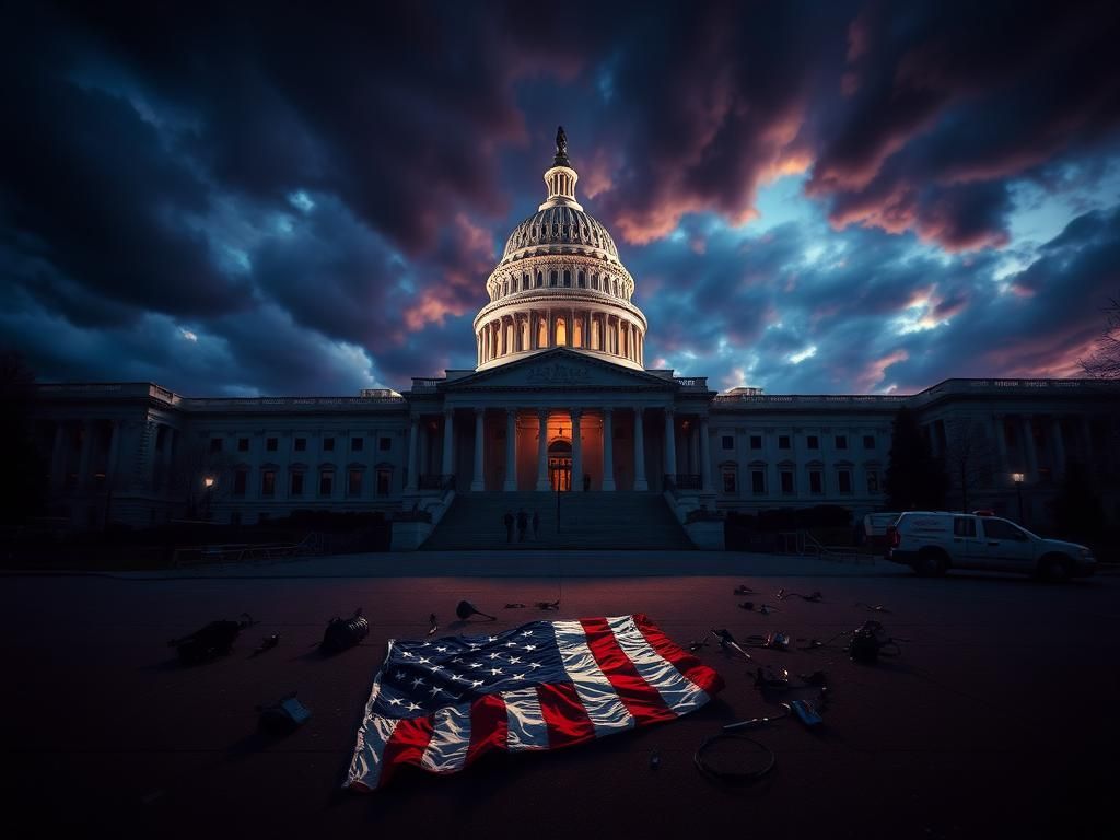 Flick International Dramatic overhead view of the U.S. Capitol building at dusk with ominous storm clouds.