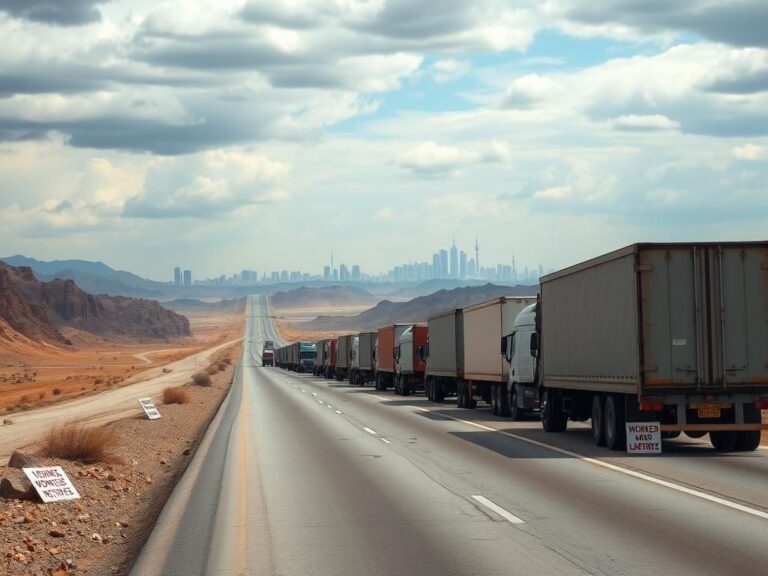 Flick International A long, desolate highway in Iran with empty trucks symbolizing a nationwide strike by truckers.