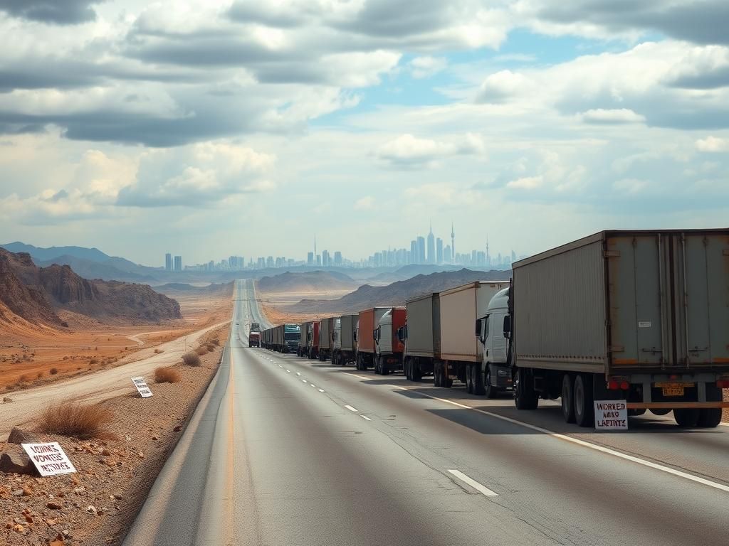 Flick International A long, desolate highway in Iran with empty trucks symbolizing a nationwide strike by truckers.